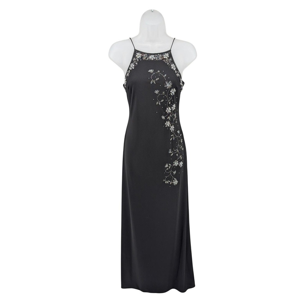 Vtg‎ De Laru Sheila Yen 90s Y2K Black Beaded Halter Maxi Dress Corset Back 3/4